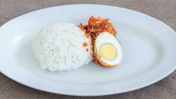 A plate of rice with egg balado sauce, egg sauce, anchovies and tofu. Served in a bowl on a gray background. Selected focus. photo