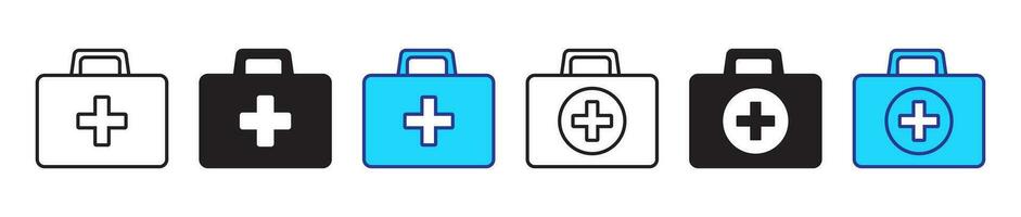 First aid box line and flat icons set. First aid kit, Medical care bag icon symbol. Vector illustration.