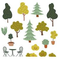 diferente tipos de árboles, arbustos, decorativo en conserva plantas, jardín mueble. sencillo planta colocar. plano estilo mano dibujado vector ilustración.