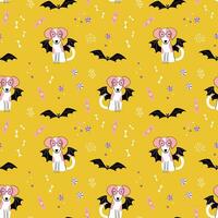 Cute background with dog in a bat costume. Halloween seamless pattern. Pet pawty. Flat style vector illustration.
