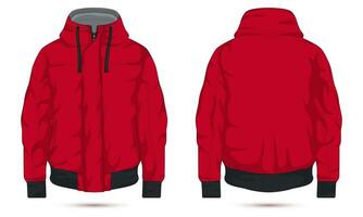 Red hooded bomber jacket mockup front and back view vector