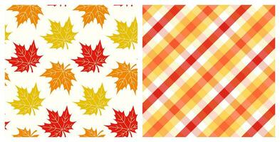 Set of seamless patterns with cute hand drawn maple leaves and plaid texture. Autumn background for Thanksgiving, Halloween, Harvest celebration, textiles, paper crafts, scrapbooking. vector