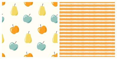 Set of seamless patterns with cute hand drawn apples and pears and orange stripes. Autumn background for Thanksgiving, Halloween, Harvest celebration, textiles, paper crafts, scrapbooking. vector