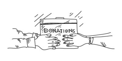 Donate hand drawn. Concept of charity and donation. hands Give and share love to people. hands gesture on doodle style. vector illustration