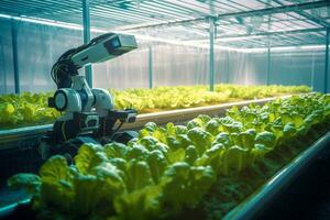 Smart Robotic Farmers Revolutionizing Agriculture. created with Generative AI photo