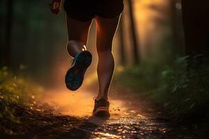 Mañana sendero correr de cerca de hembra del corredor piernas y Zapatos con resumen bokeh luz creada. generativo ai foto