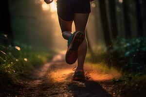 Mañana sendero correr de cerca de hembra del corredor piernas y Zapatos con resumen bokeh luz creada. generativo ai foto