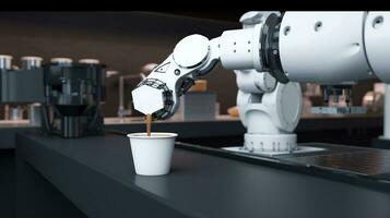 Robot arm serving hot coffee in a coffee shop. created with Generative AI photo