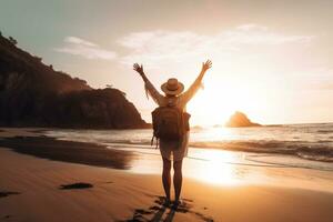 contento mujer con brazos arriba disfrutando libertad a el playa a puesta de sol. bienestar, éxito, libertad y viajar, generativo ai foto