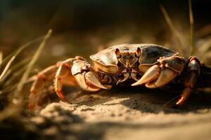 A crab crawls on a sandy beach under the bright sun. The waves of the sea can be seen in the background . Generative AI photo