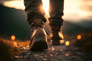 de cerca de del hombre cuero botas caminando cuesta arriba en Mañana ligero con bokeh efecto. generativo ai foto