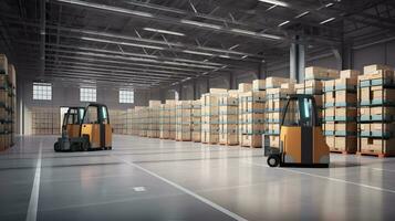 Robot Forklift Sorts Hundreds of Parcels in Warehouse. Generative AI photo