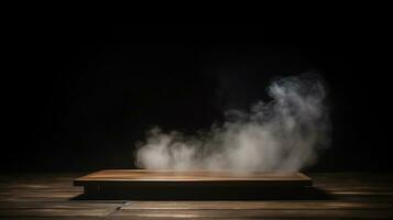 Mysterious Smoke on Empty Wooden Table against Dark Background. created with Generative AI photo