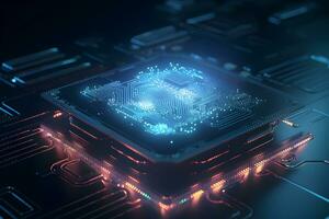 Generative AI. Futuristic Neon Microchip Circuit Board 3D Rendering photo