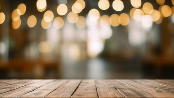 Empty Wooden Table Top with Bokeh Lights on Blurred Restaurant Background. created with Generative AI photo