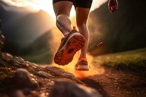 Mañana sendero correr de cerca de masculino del corredor piernas y Zapatos con resumen bokeh luz creada. generativo ai foto