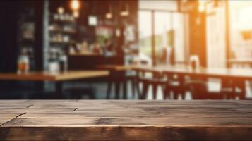 Empty Old Wood Table Top with Blurred Bokeh Cafe and Coffee Shop Interior Background. created with Generative AI photo