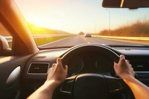 manos de un coche conductor en el direccion rueda durante un la carretera viaje. generativo ai foto