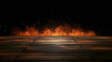Wooden Table with Flame Effect on Dark Background. created with Generative AI photo
