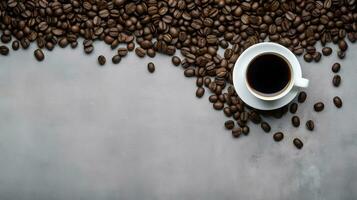 Cup of Coffee with Coffee Beans on Gray Stone Background. created with Generative AI photo