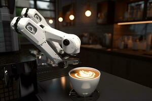Robot arm serving hot coffee in a coffee shop. created with Generative AI photo