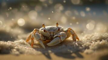 A crab crawls on a sandy beach under the bright sun. The waves of the sea can be seen in the background . Generative AI photo