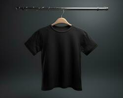 Clean and Minimal black T-Shirt Mockup on a Wooden Rail. Generative AI photo