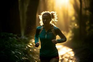 Female Trail Runner Running on Forest Path with Bokeh Lights and Orange Glow. Generative AI photo