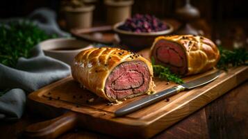 Indulge in the classic British dish with this Beef Wellington on a wooden tray, its savory aroma and appetizing appearance sure to impress. Generative AI photo