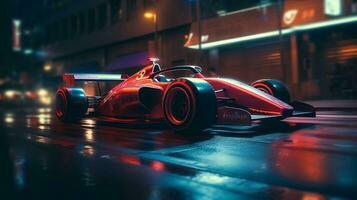 Luxury Formula1 car high speed running through the city streets. created with Generative AI photo