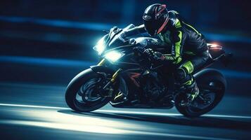 enojado jinete en un motocicleta carreras a alto velocidad en moderno pista. creado con generativo ai foto