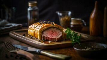 Indulge in the classic British dish with this Beef Wellington on a wooden tray, its savory aroma and appetizing appearance sure to impress. Generative AI photo