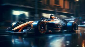 Luxury Formula1 car high speed running through the city streets. created with Generative AI photo