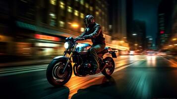 alta velocidad motocicleta jinete carreras mediante un hermosa ciudad a noche. creado con generativo ai foto