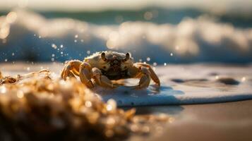 A crab crawls on a sandy beach under the bright sun. The waves of the sea can be seen in the background . Generative AI photo