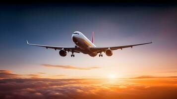 Commercial Airplane Soaring Above Dramatic Sunset Clouds. Generative AI photo