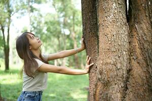 world saving concept Female tourists are happy amidst nature photo