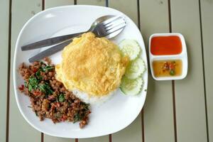 Beef basil, omelet in a plate photo