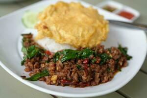 Beef basil, omelet in a plate photo