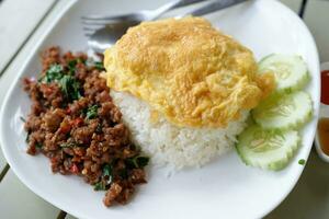 Beef basil, omelet in a plate photo