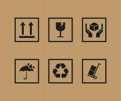Packaging symbols set on paper box background. Collection of cargo symbols, packaging icons, packaging signs. For box, design, infographic. Lncluding fragile, recycle, handling with care vector