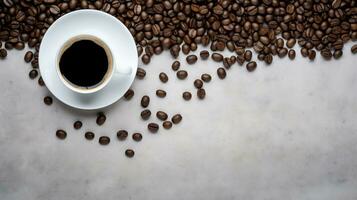 Cup of Coffee with Coffee Beans on Gray Stone Background. created with Generative AI photo