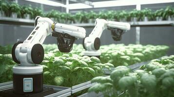 Smart Robotic Farmers Revolutionizing Agriculture. created with Generative AI photo