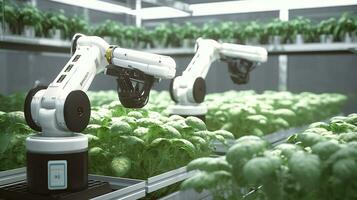 Smart Robotic Farmers Revolutionizing Agriculture. created with Generative AI photo