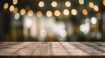 Empty Wooden Table Top with Bokeh Lights on Blurred Restaurant Background. created with Generative AI photo