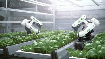 Smart Robotic Farmers Revolutionizing Agriculture. created with Generative AI photo