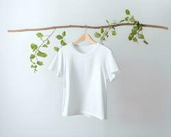 Clean and Minimal White T-Shirt Mockup on a Wooden Rail. Generative AI photo