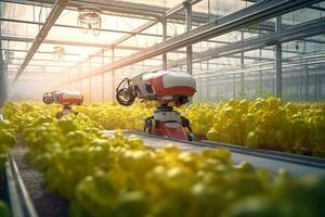 Smart Robotic Farmers Revolutionizing Agriculture. created with Generative AI photo