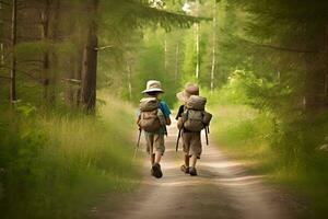 aventurero Niños excursionismo en el bosque con mochilas generativo ai foto