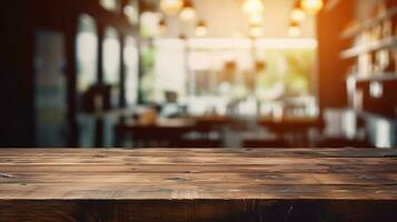 Empty Old Wood Table Top with Blurred Bokeh Cafe and Coffee Shop Interior Background. created with Generative AI photo